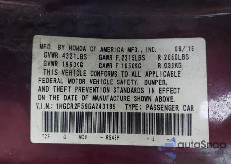 2016 Honda Accord Sport из США, поврежденный, VIN 1HGCR2F59GA240199